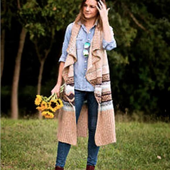 Anthropologie Sleeping On Snow Qullins Jacquard Sweater Duster Sleeveless Tan - Picture 5 of 14